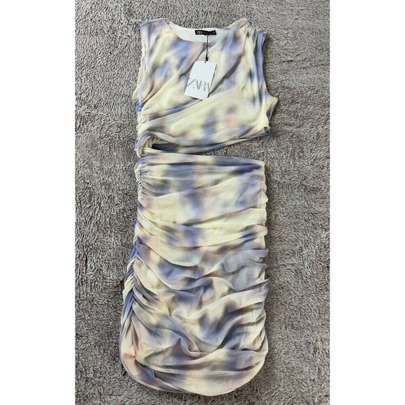 ZARA WOMEN'S CUT OUT PRINTED TULLE DRESS MULTICOLOR SIZE S New - Picture 2 of 13